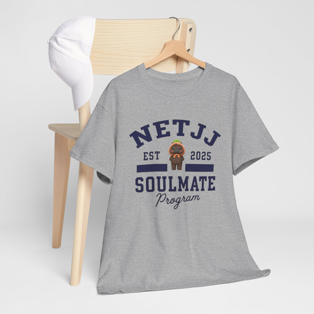 NetJJ Soulmate Program varsity t-shirt with Jookkroo mascot — Thai BL Love Upon a Time fan merch, Domundi ship tee