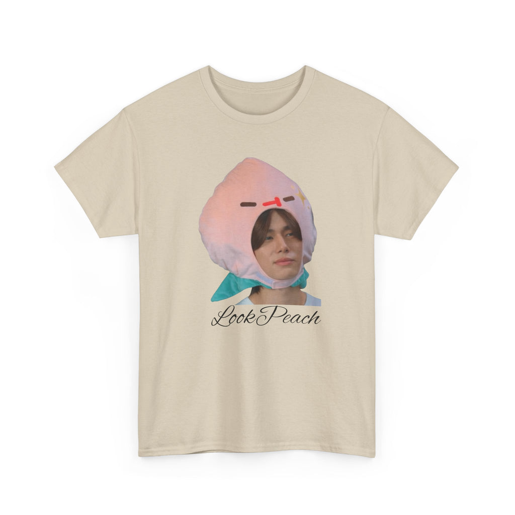 'Look Peach' – Phuwin as Peach photo print on a natural unisex t-shirt (Me and Thee), front view