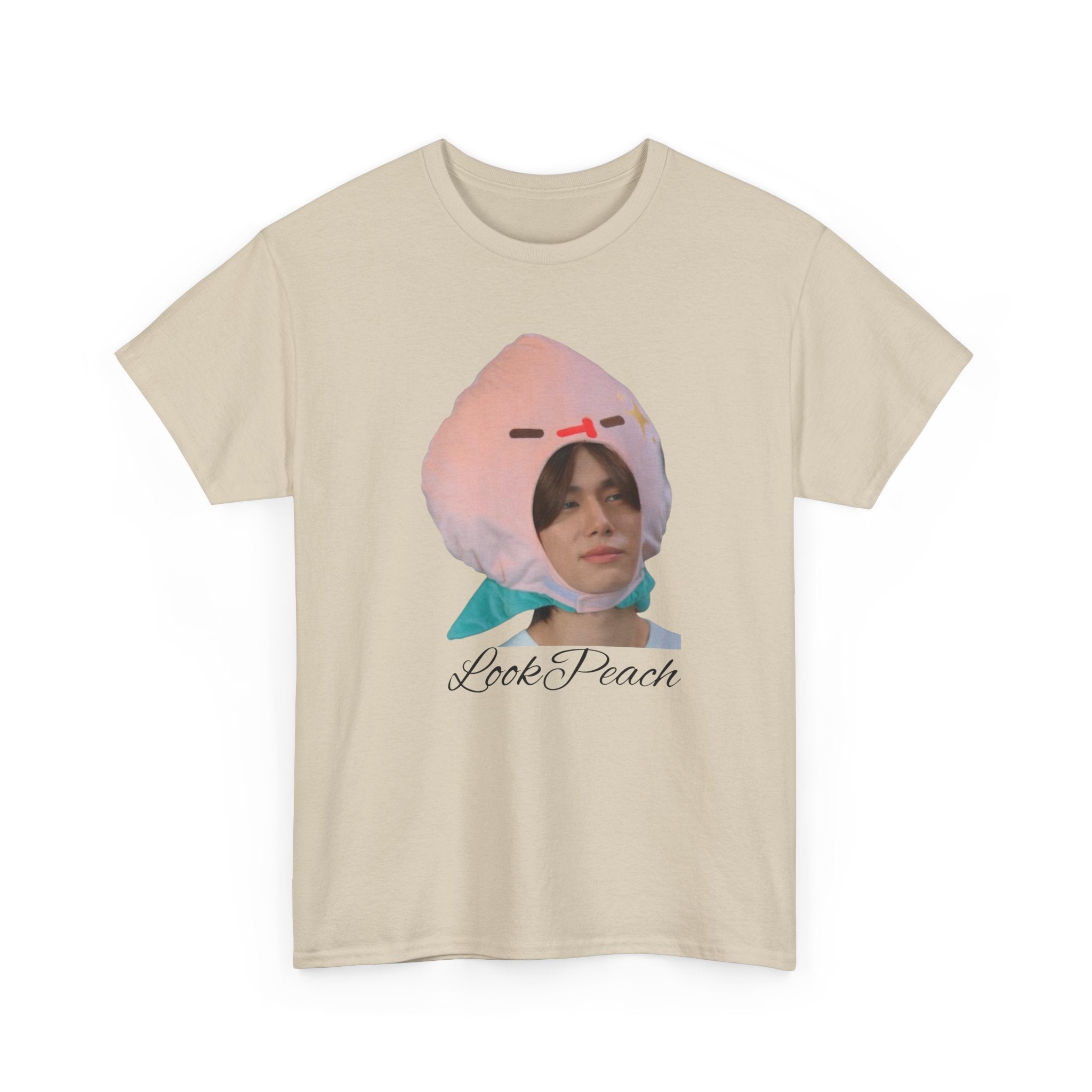 'Look Peach' – Phuwin as Peach photo print on a natural unisex t-shirt (Me and Thee), front view