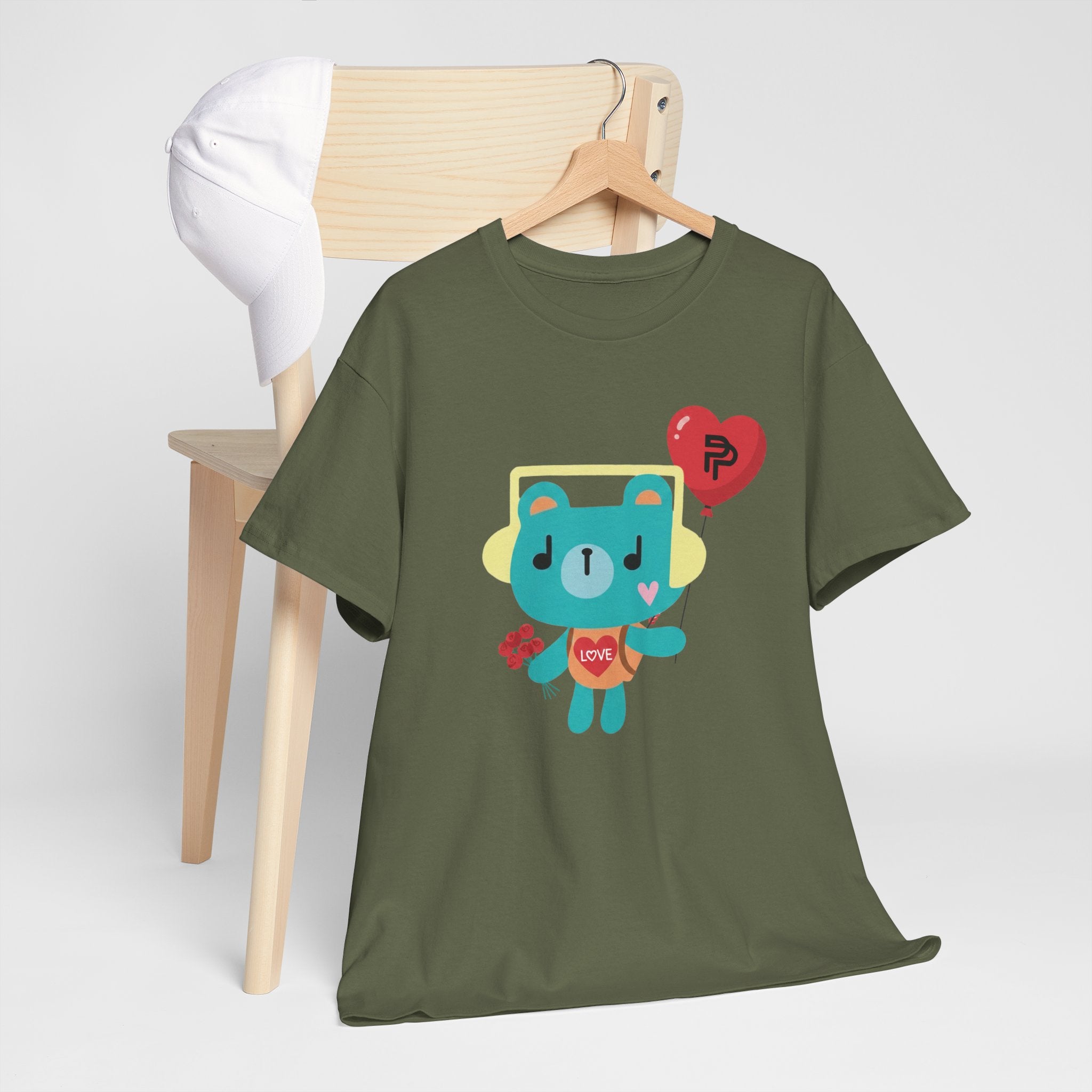 PondPhuwin 'Permpoon' bear mascot t-shirt in olive green — Thai BL fan merch