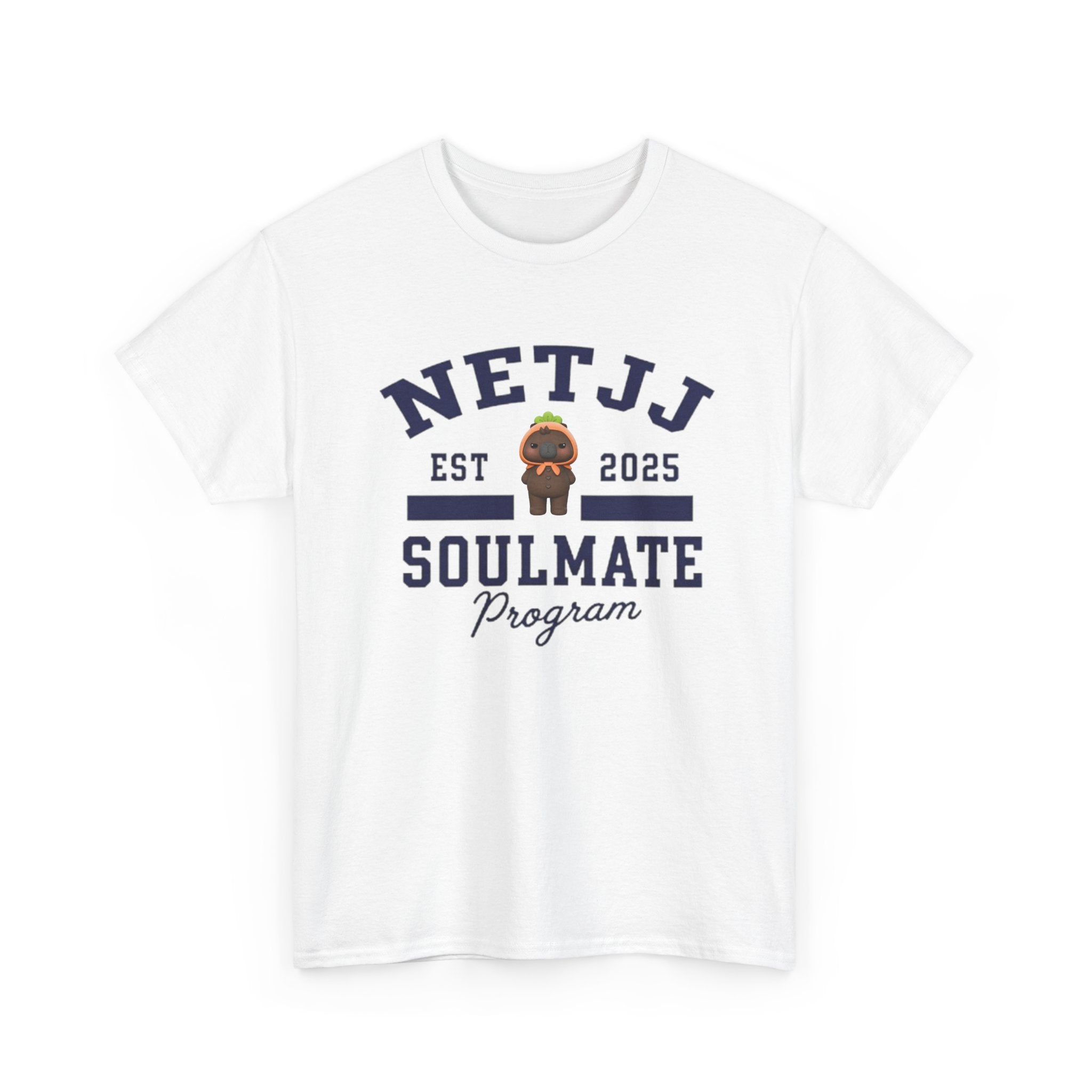 NetJJ Soulmate Program varsity t-shirt in white, with Jookkroo mascot — Thai BL Love Upon a Time fan merch