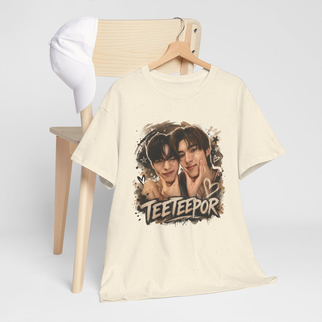 Folded natural TeeteePor graffiti t-shirt, front view — TeeTee and Por, Duang With You Thai BL fan merch