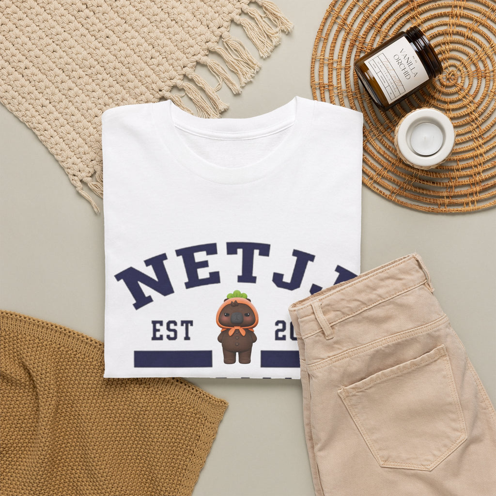 NetJJ Soulmate Program varsity t-shirt with Jookkroo mascot — Thai BL Love Upon a Time fan merch, Domundi ship tee
