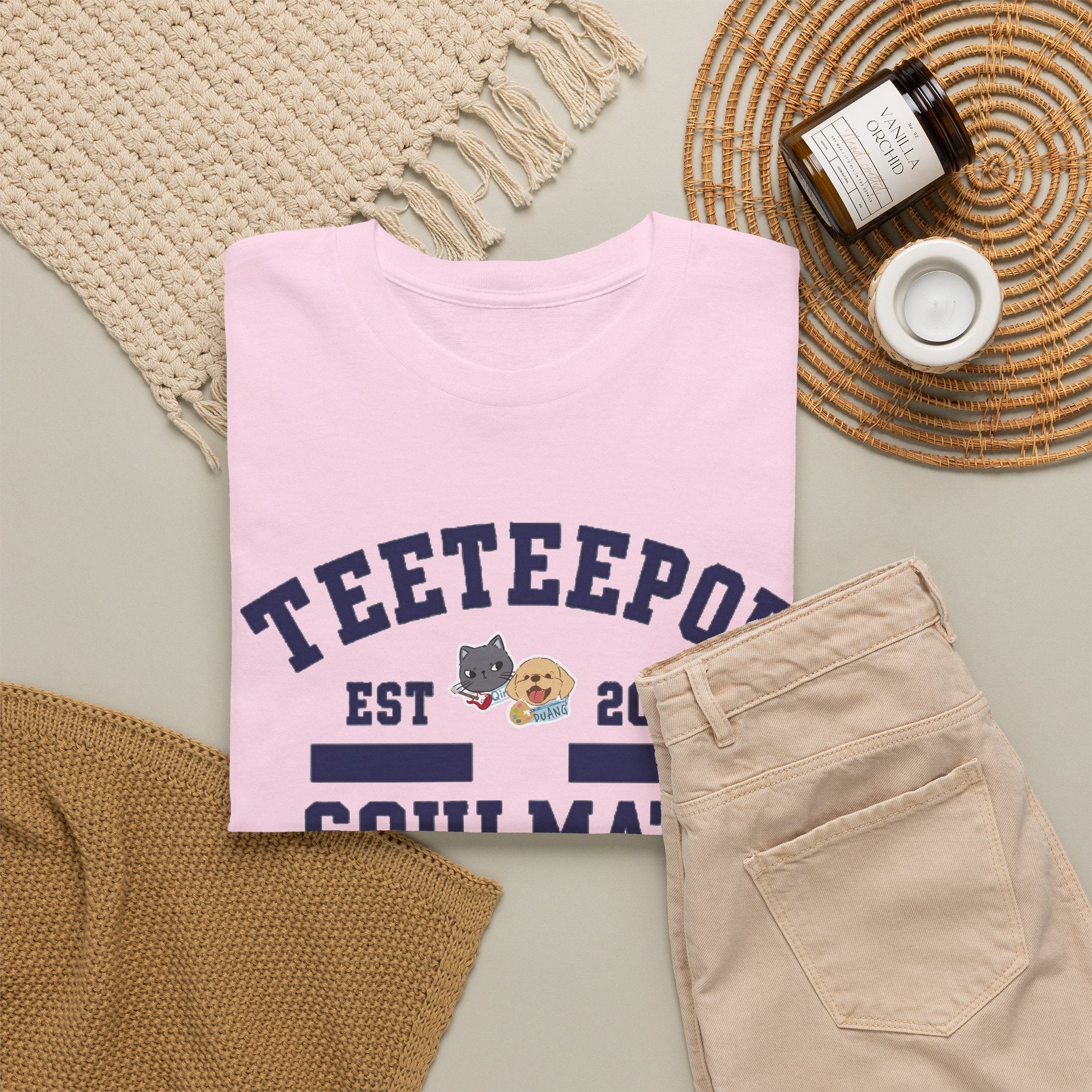 Light Pink TeeteePor Soulmate Program tee, flat-lay styled with neutral props