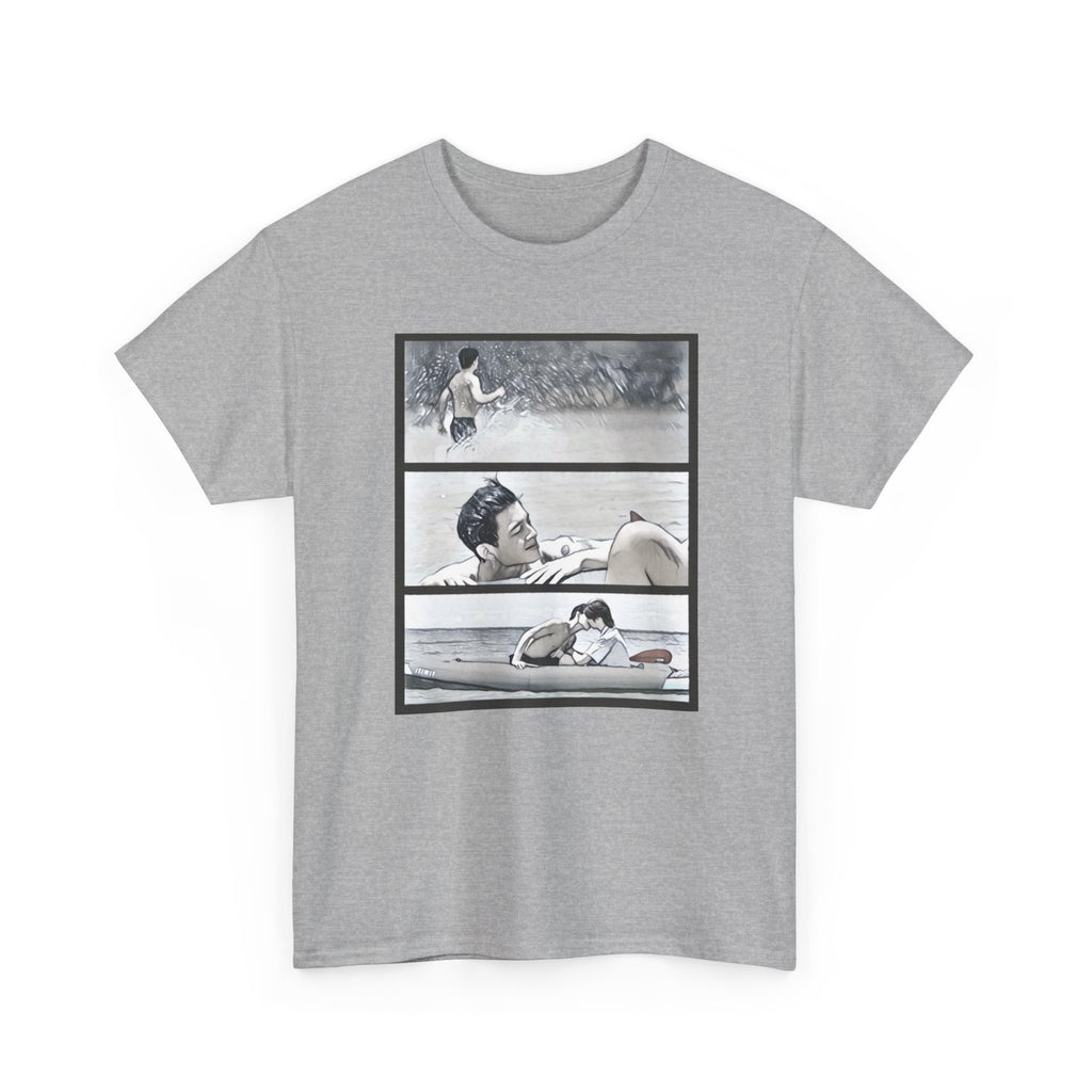 PondPhuwin 'Me and Thee' Thee & Peach three-panel scene print on a sport grey unisex t-shirt, front view