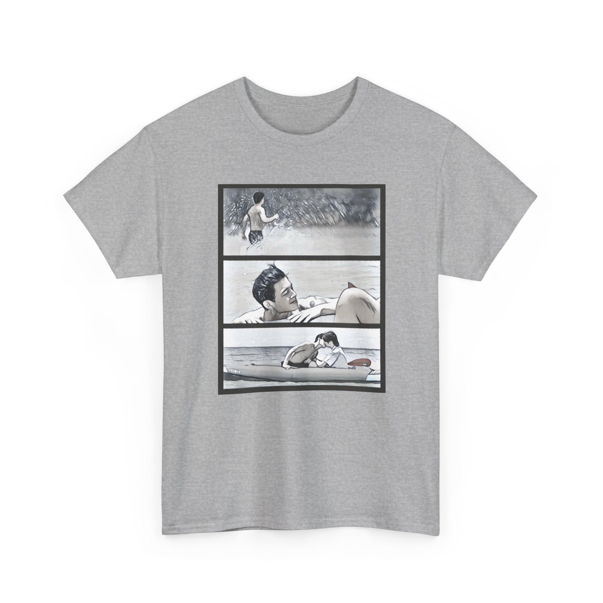 PondPhuwin 'Me and Thee' Thee & Peach three-panel scene print on a sport grey unisex t-shirt, front view