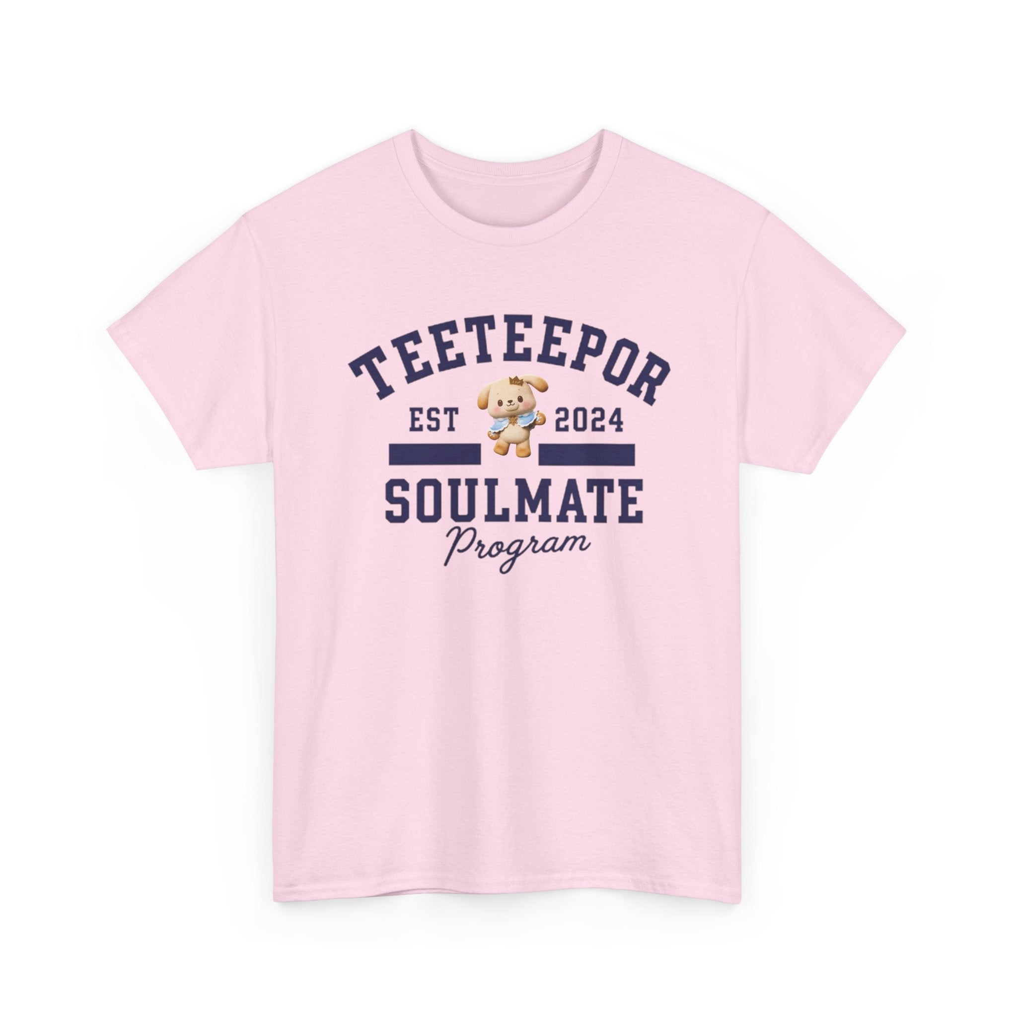 TeeteePor Soulmate Program varsity t-shirt in light pink, with BokBear mascot — Thai BL Duang With You fan merch