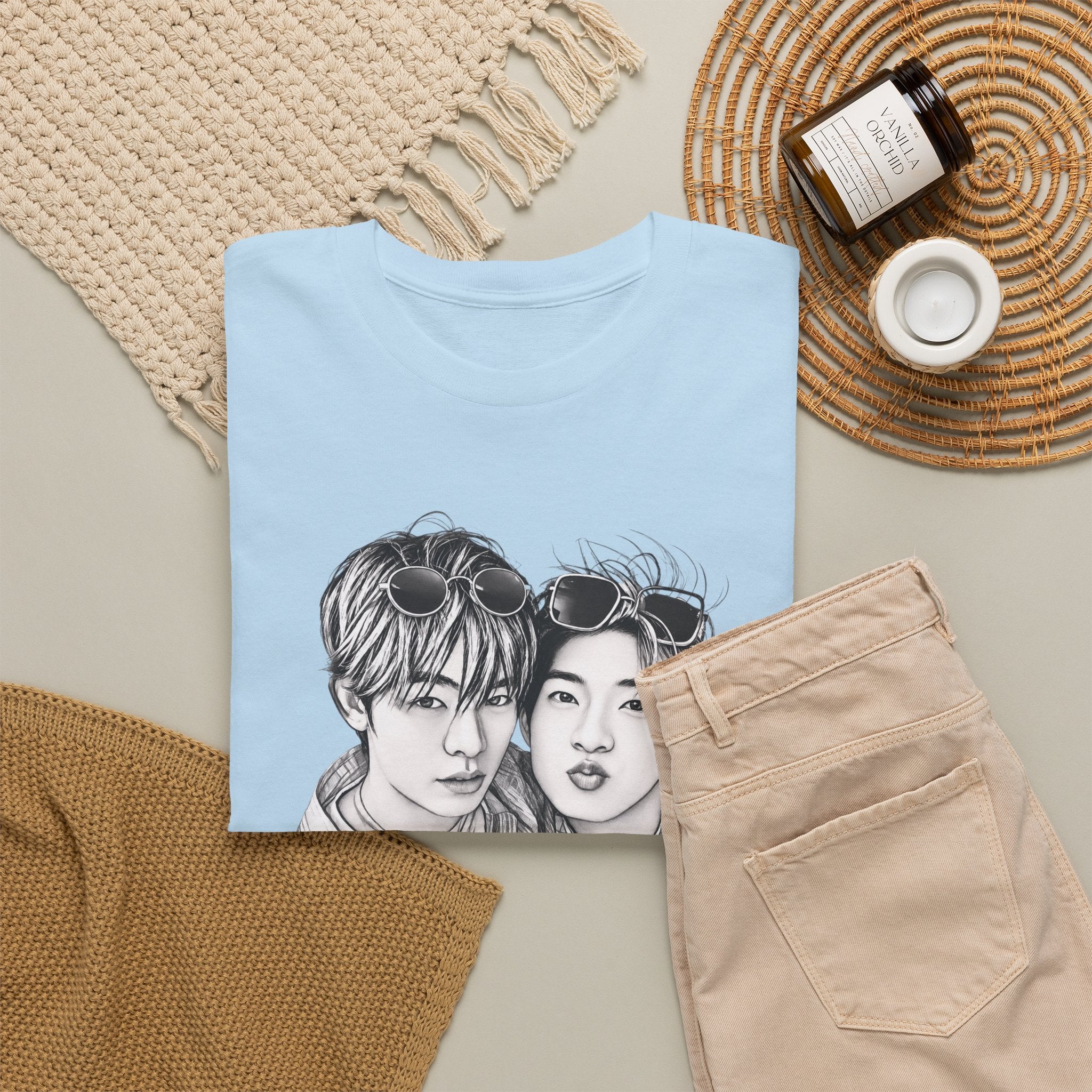 Folded light blue TeeteePor sketch t-shirt — TeeTee and Por, Duang With You Thai BL fan merch