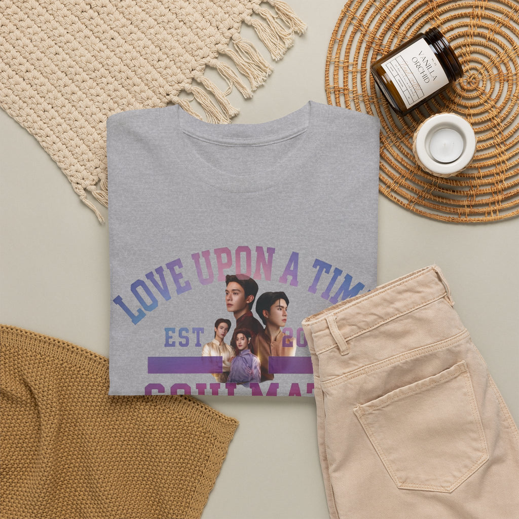 Sport grey Love Upon a Time Soulmate Program varsity t-shirt styled flat with chinos and coffee — Thai BL fan merch
