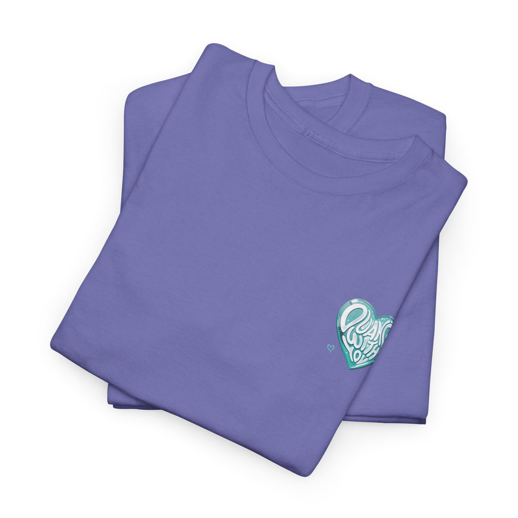 Folded violet Duang With You t-shirt with mint heart chest print — TeeteePor Thai BL fan merch
