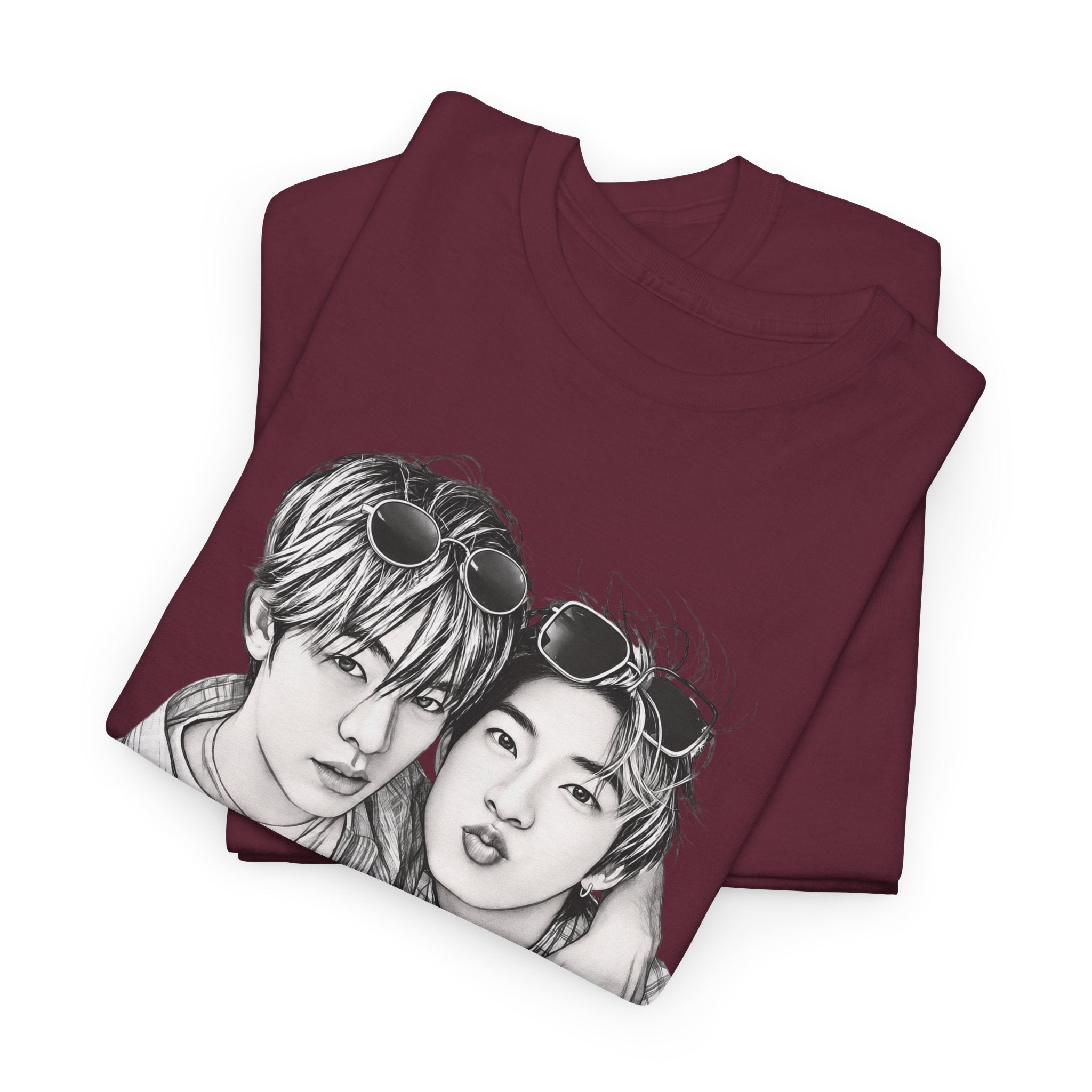 Folded maroon TeeteePor sketch t-shirt — TeeTee and Por, Duang With You Thai BL fan merch
