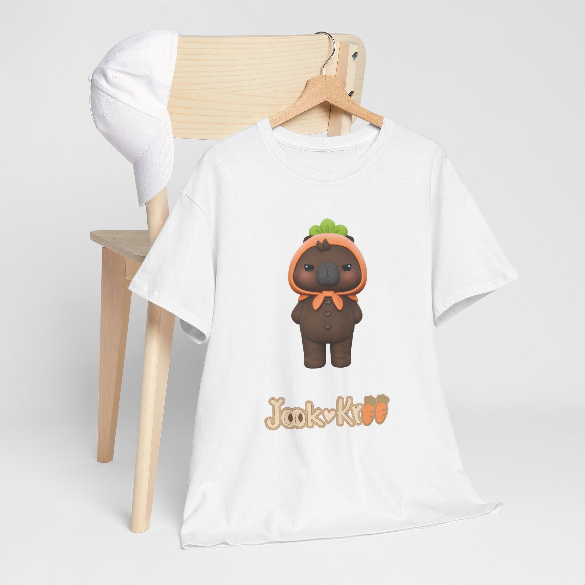 White NetJJ JookKroo mascot t-shirt on a hanger — Love Upon a Time Thai BL fan merch