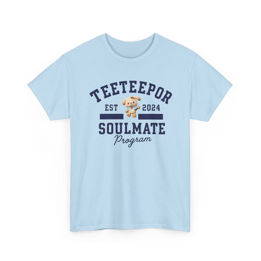 TeeteePor Soulmate Program varsity t-shirt in light blue, with BokBear mascot — Thai BL Duang With You fan merch