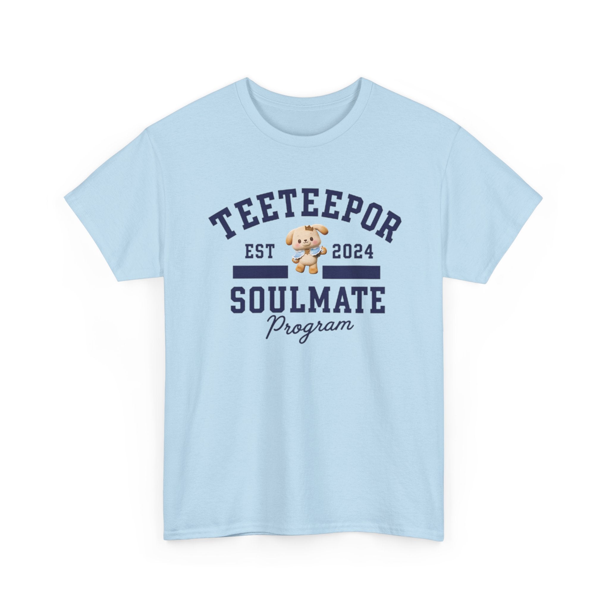 TeeteePor Soulmate Program varsity t-shirt in light blue, with BokBear mascot — Thai BL Duang With You fan merch