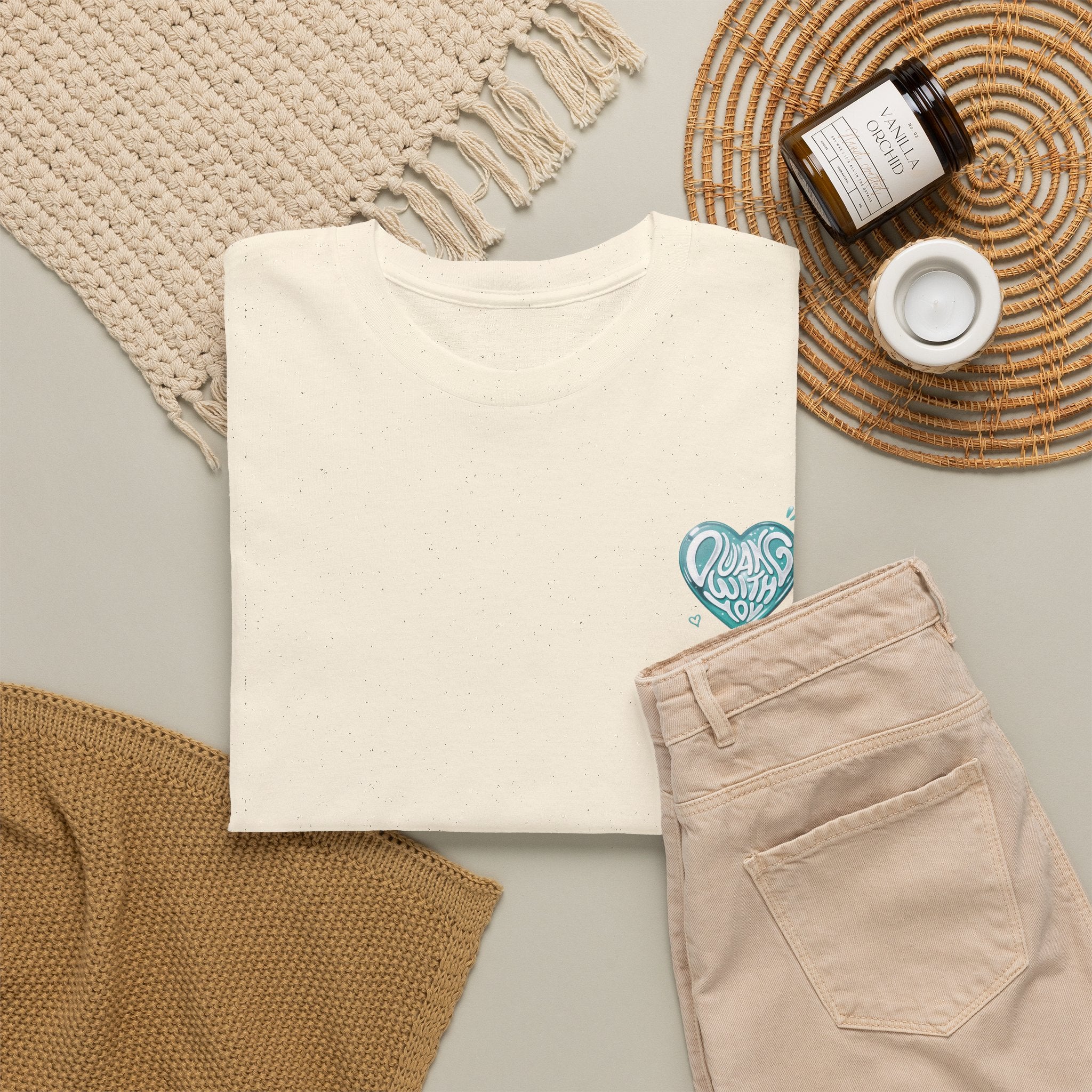 Natural Duang With You t-shirt styled flat with chinos and coffee — TeeteePor Thai BL fan merch