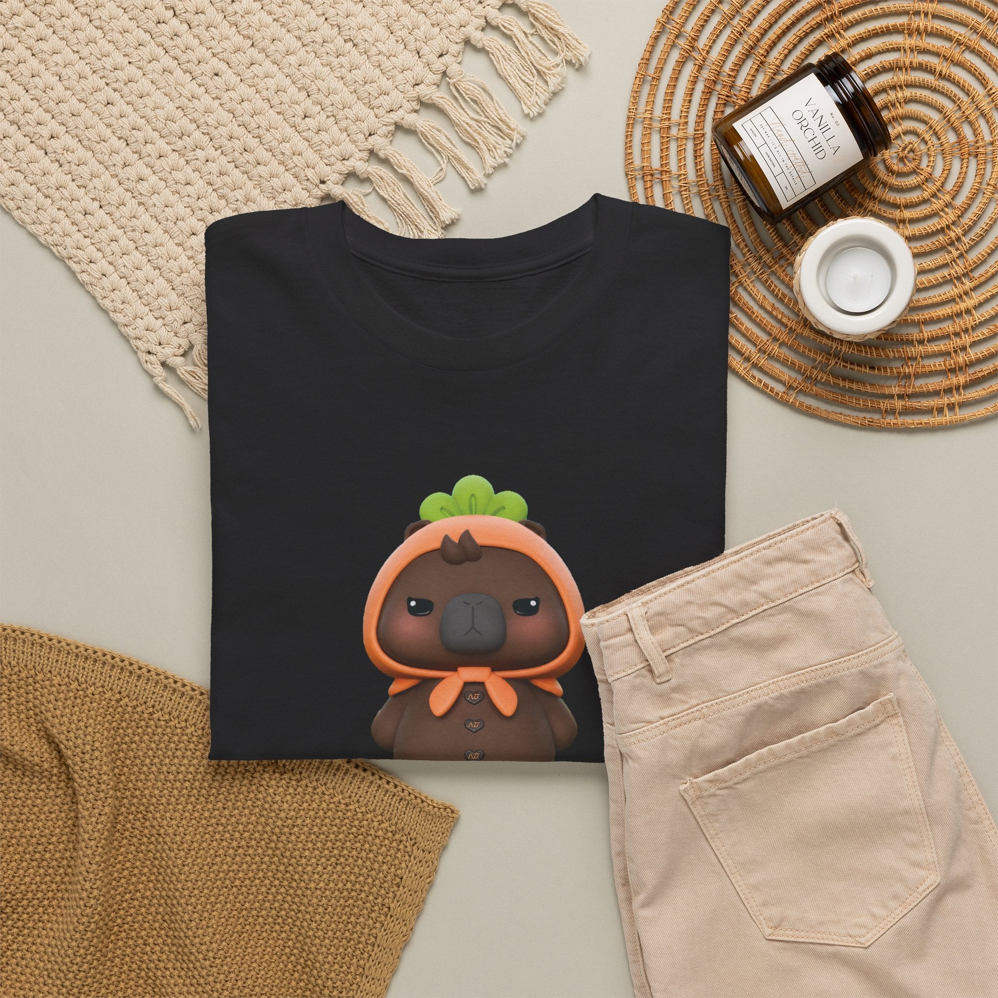 Black NetJJ JookKroo mascot t-shirt styled flat with chinos and coffee — Thai BL fan merch