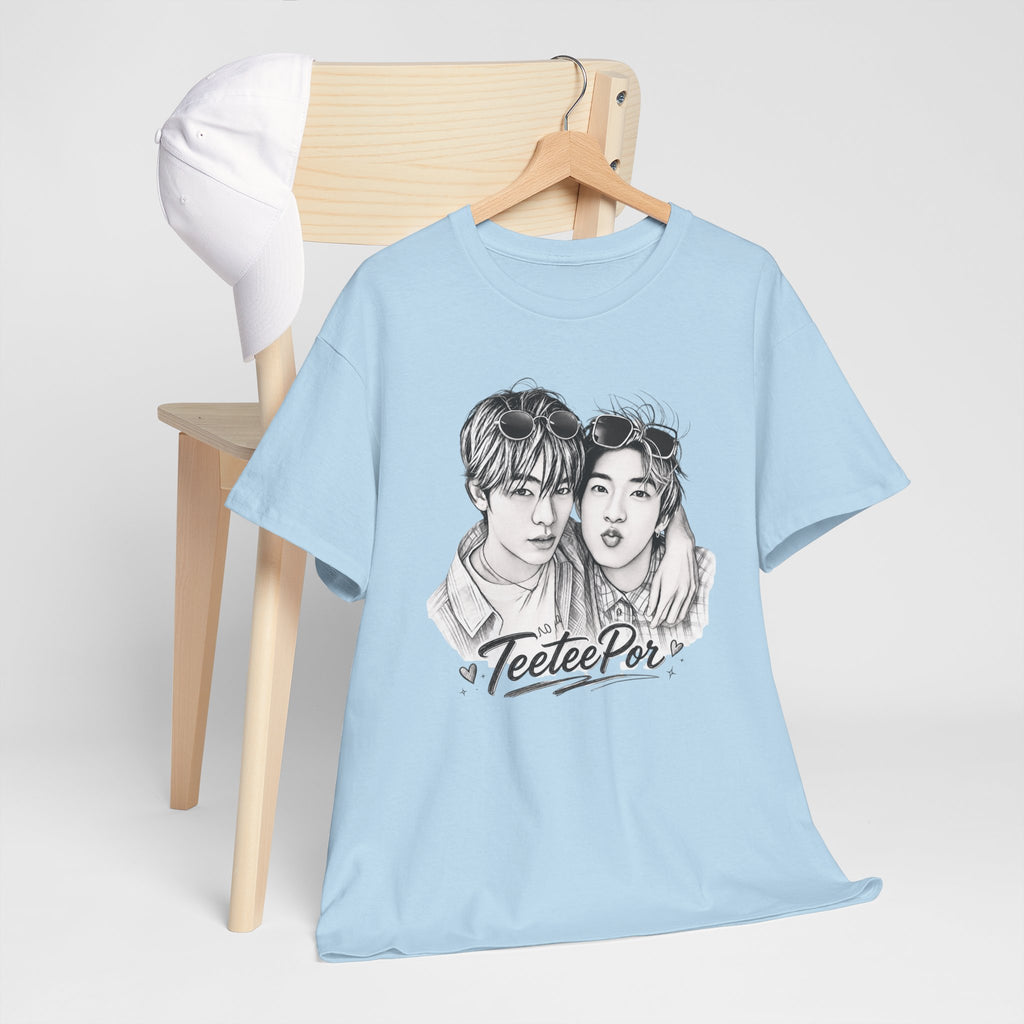 Light blue TeeteePor sketch t-shirt, back view — TeeTee and Por, Duang With You Thai BL fan merch
