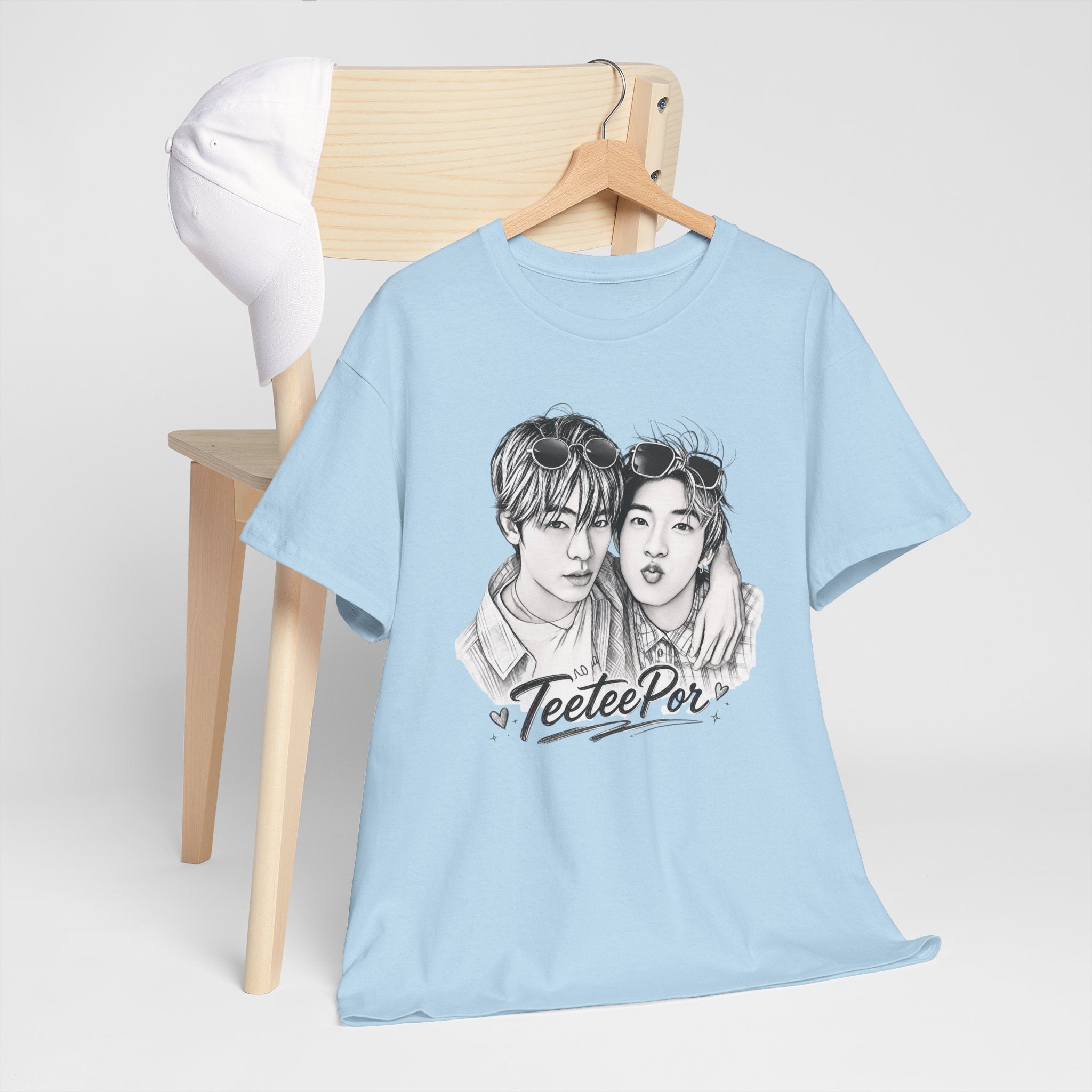 Light blue TeeteePor sketch t-shirt, back view — TeeTee and Por, Duang With You Thai BL fan merch