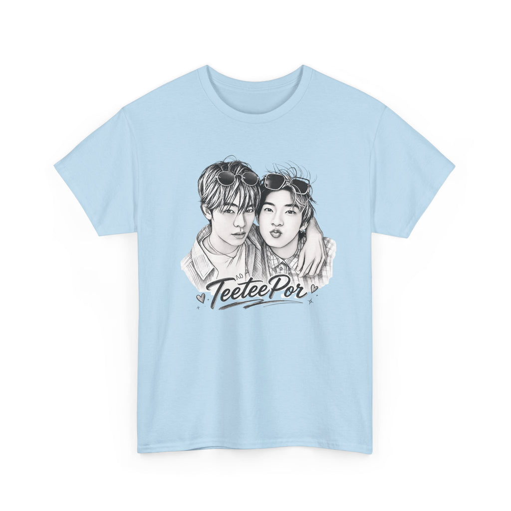 TeeteePor sketch t-shirt in light blue — TeeTee and Por pencil portrait, Duang With You Thai BL fan merch