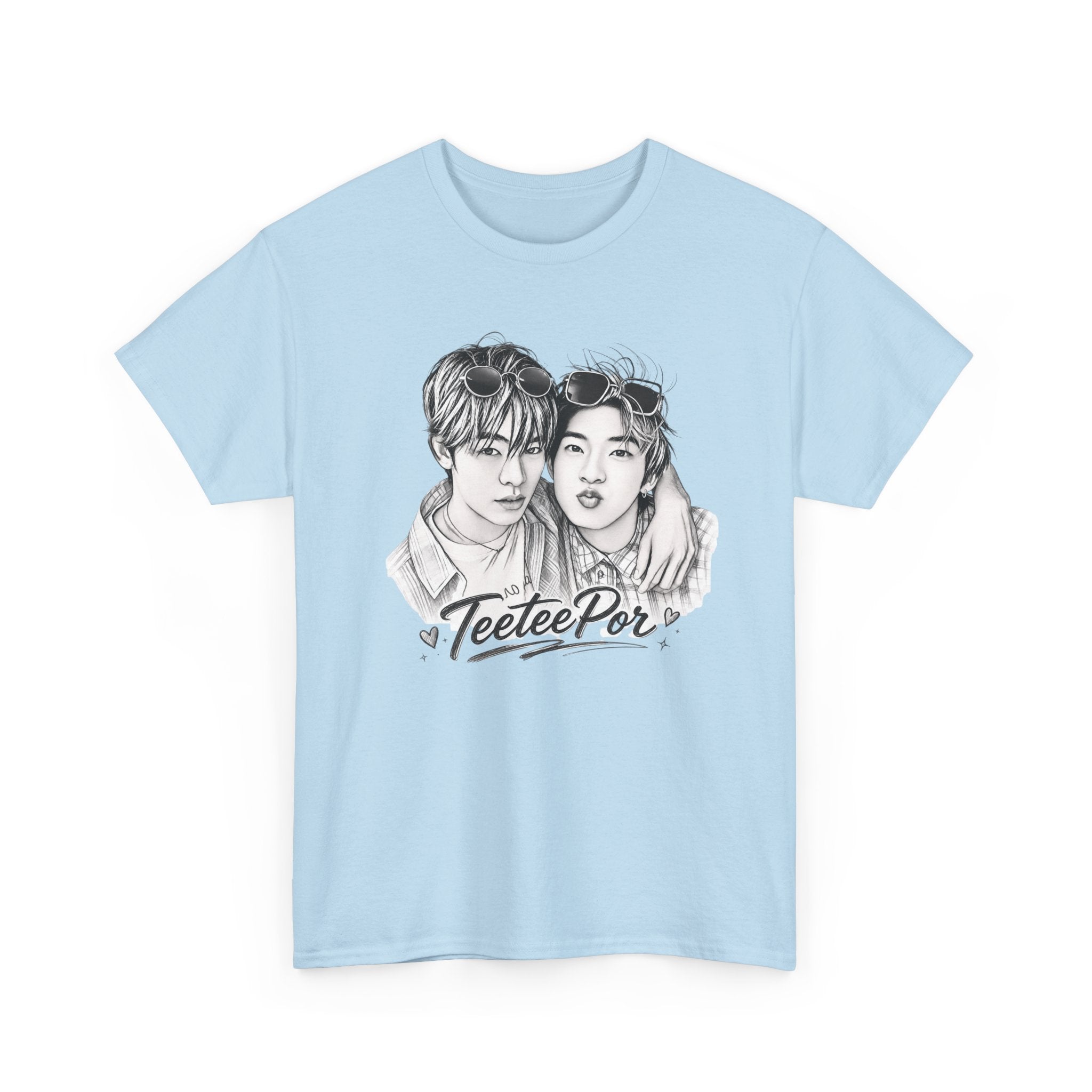 TeeteePor sketch t-shirt in light blue — TeeTee and Por pencil portrait, Duang With You Thai BL fan merch