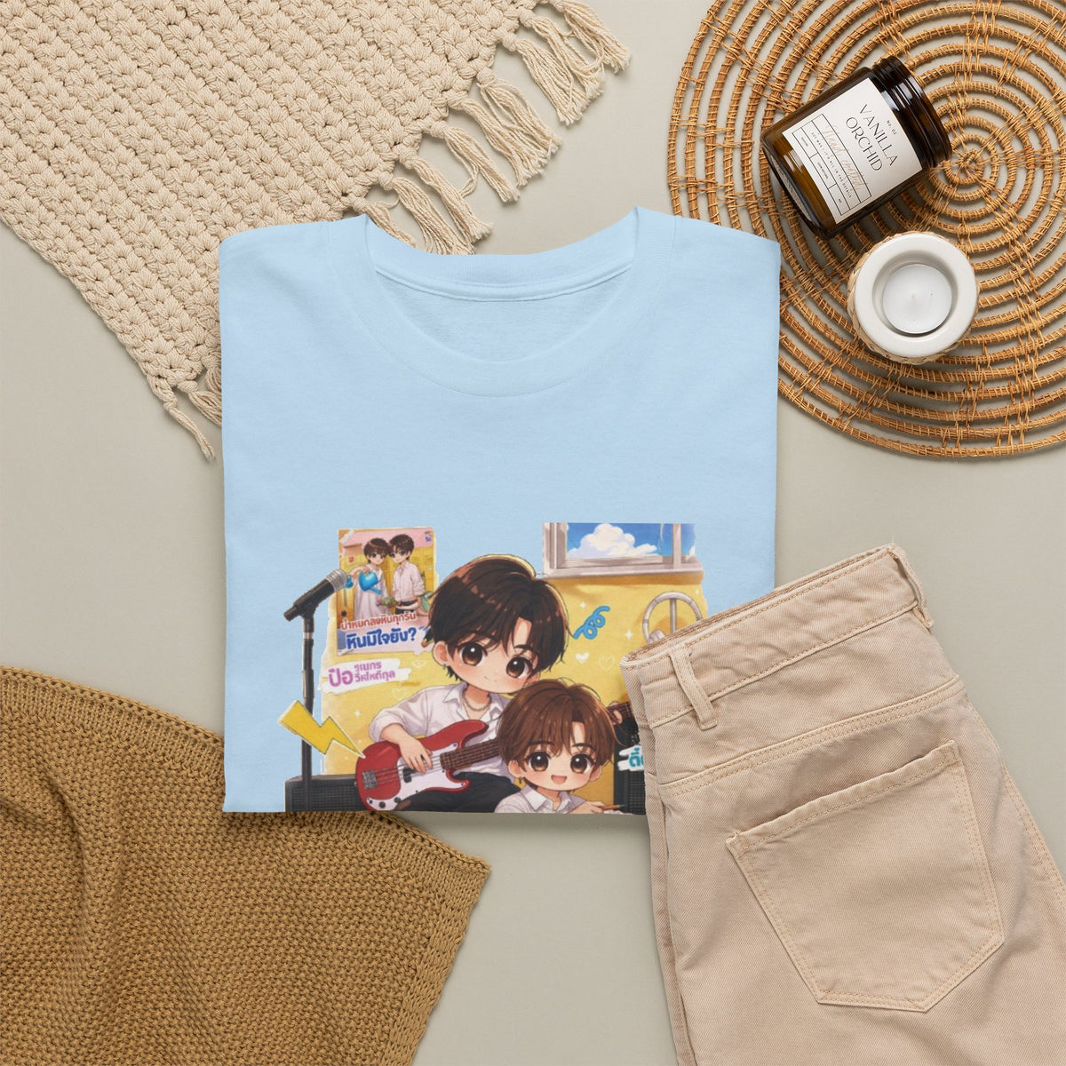 Light Blue Duang With You TeeteePor series tee, flat-lay styled with neutral props