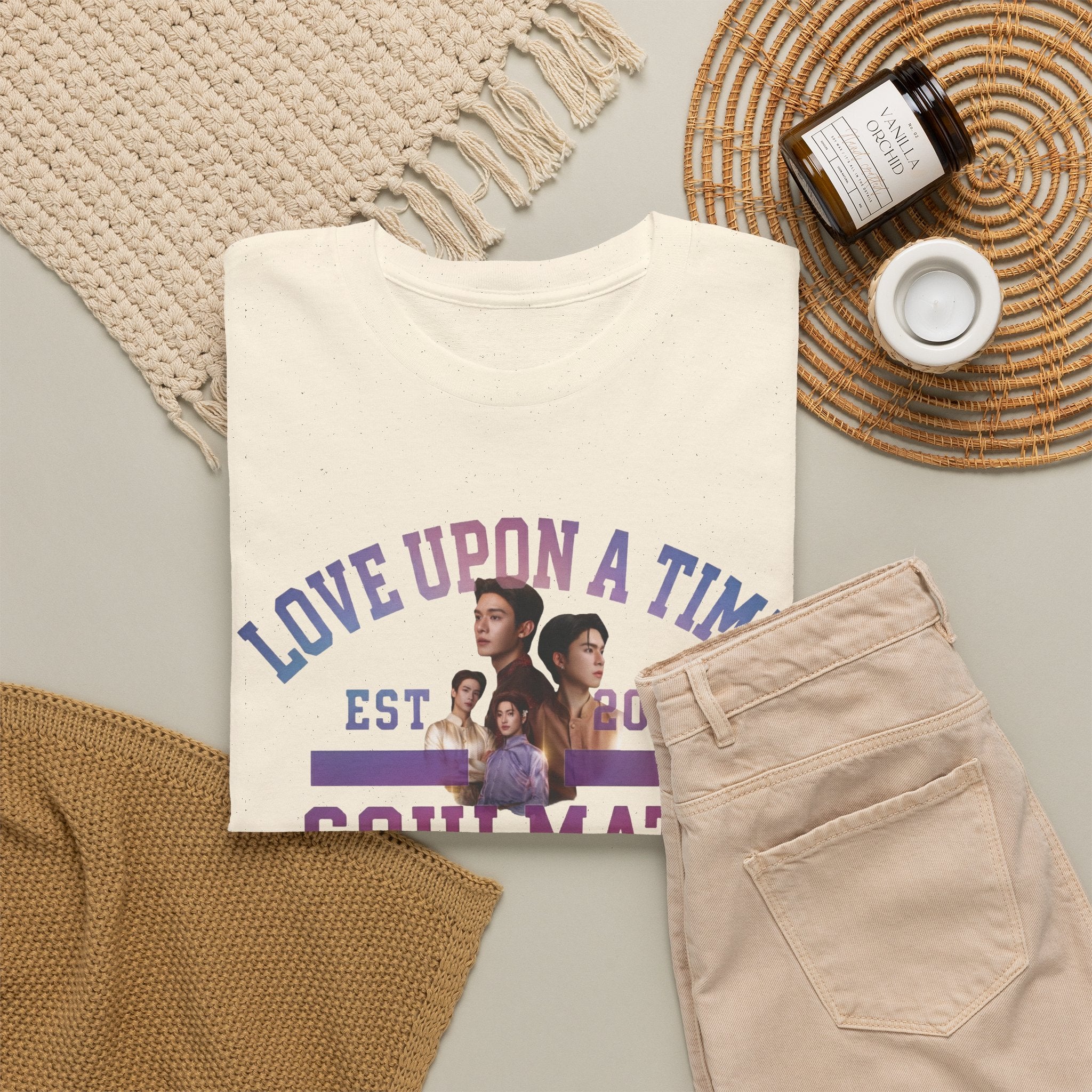 Natural Love Upon a Time Soulmate Program varsity t-shirt styled flat with chinos and coffee — Thai BL fan merch