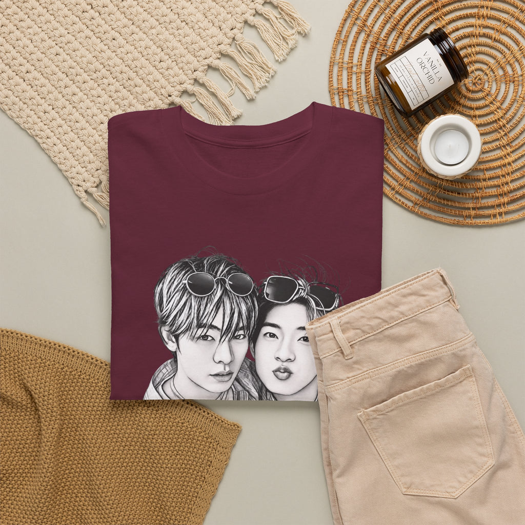 Maroon TeeteePor sketch t-shirt styled flat with chinos and coffee — Duang With You Thai BL fan merch