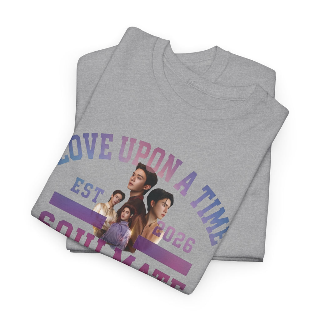 Folded sport grey Love Upon a Time Soulmate Program varsity t-shirt — NetJJ and LatteKim Thai BL fan merch