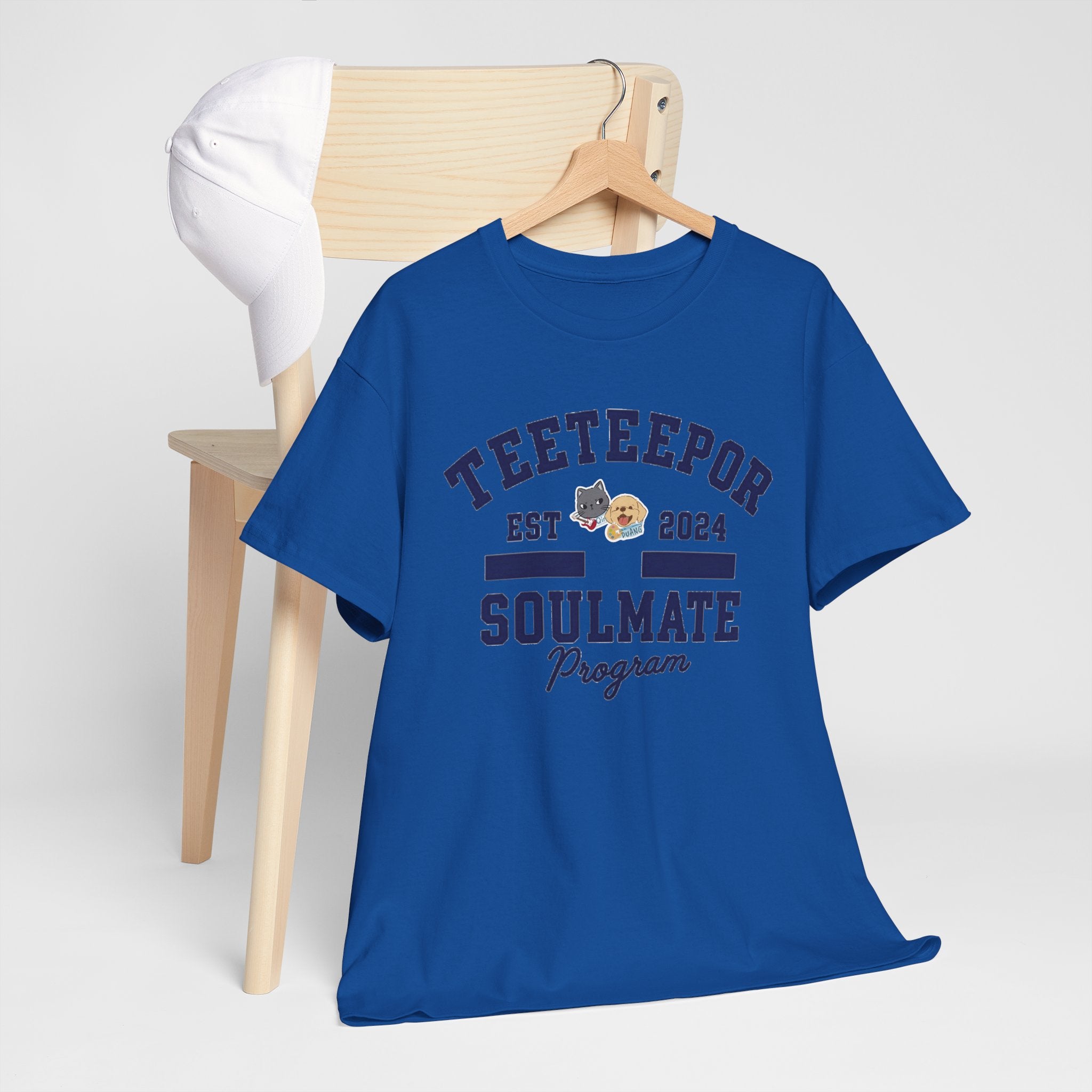 Royal TeeteePor Soulmate Program varsity tee on a wooden hanger