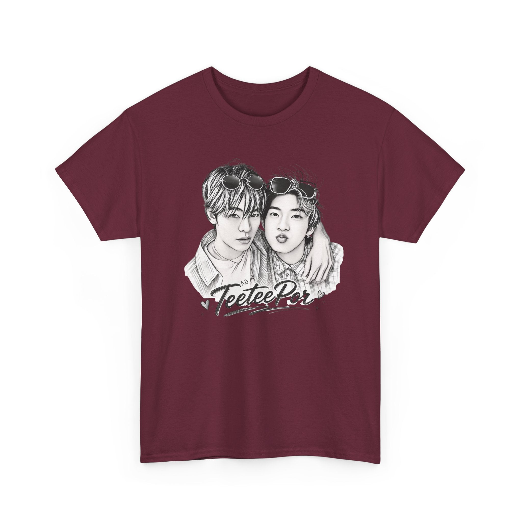 TeeteePor sketch t-shirt in maroon — TeeTee and Por pencil portrait, Duang With You Thai BL fan merch