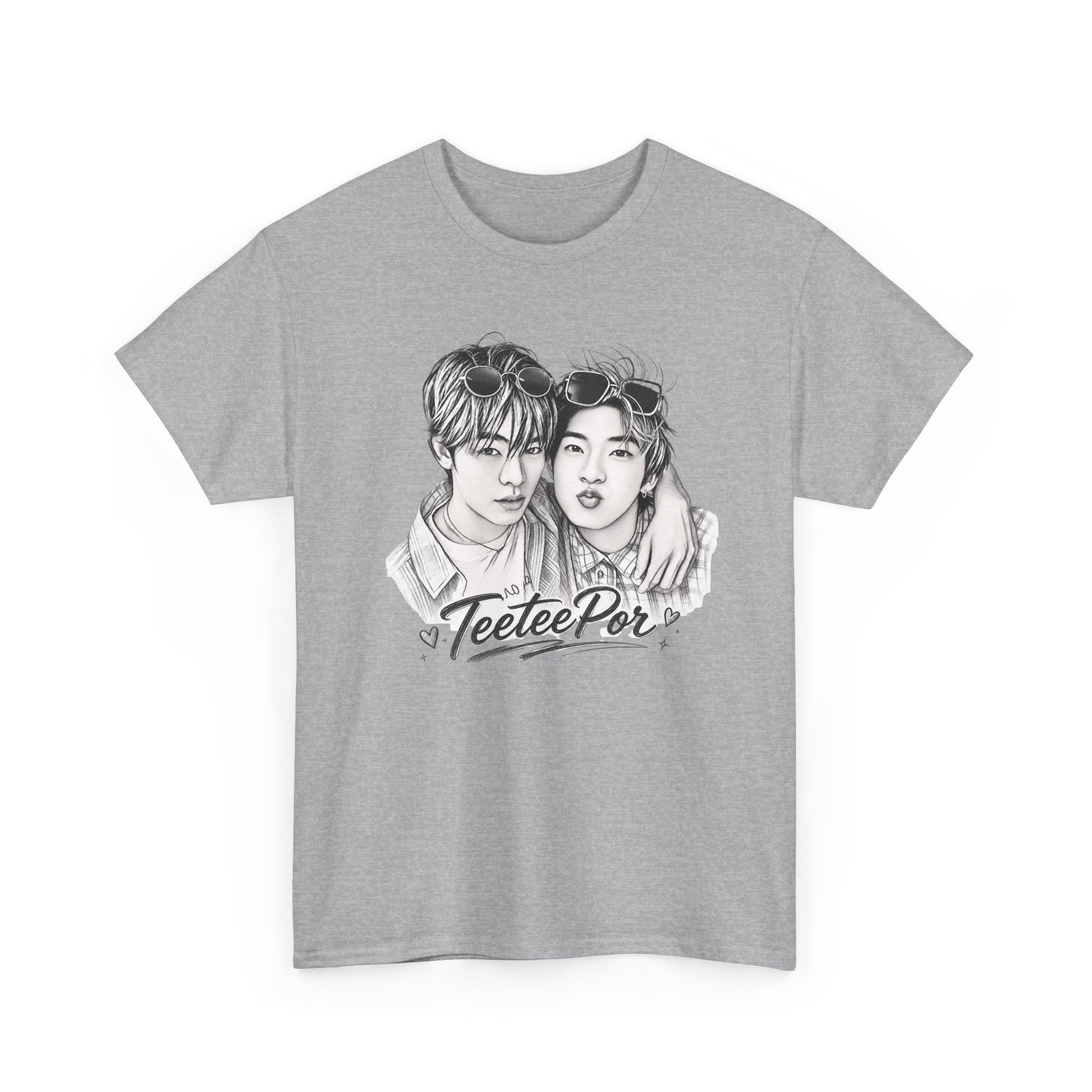 TeeteePor sketch t-shirt in sport grey — TeeTee and Por pencil portrait, Duang With You Thai BL fan merch