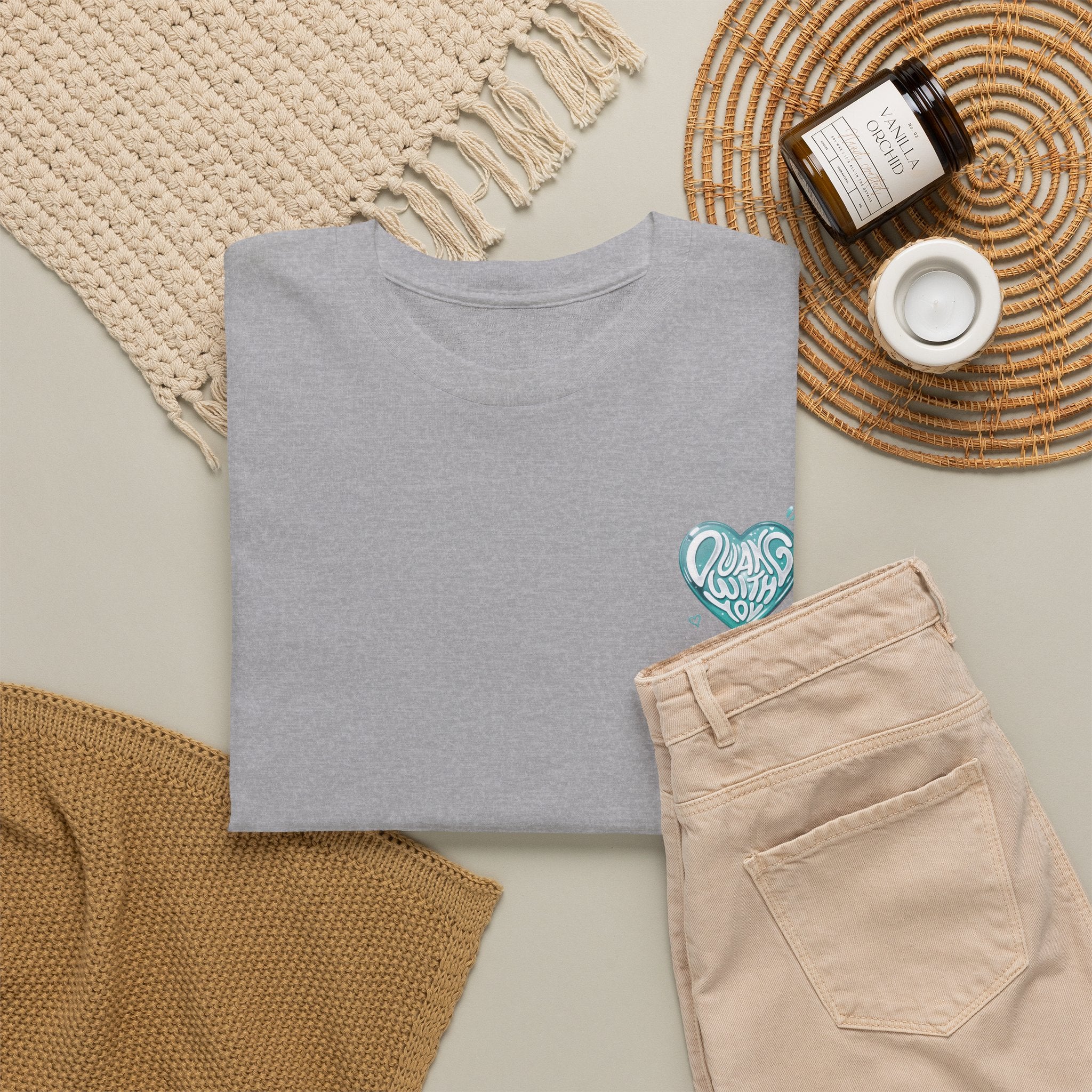 Sport grey Duang With You t-shirt styled flat with chinos and coffee — TeeteePor Thai BL fan merch