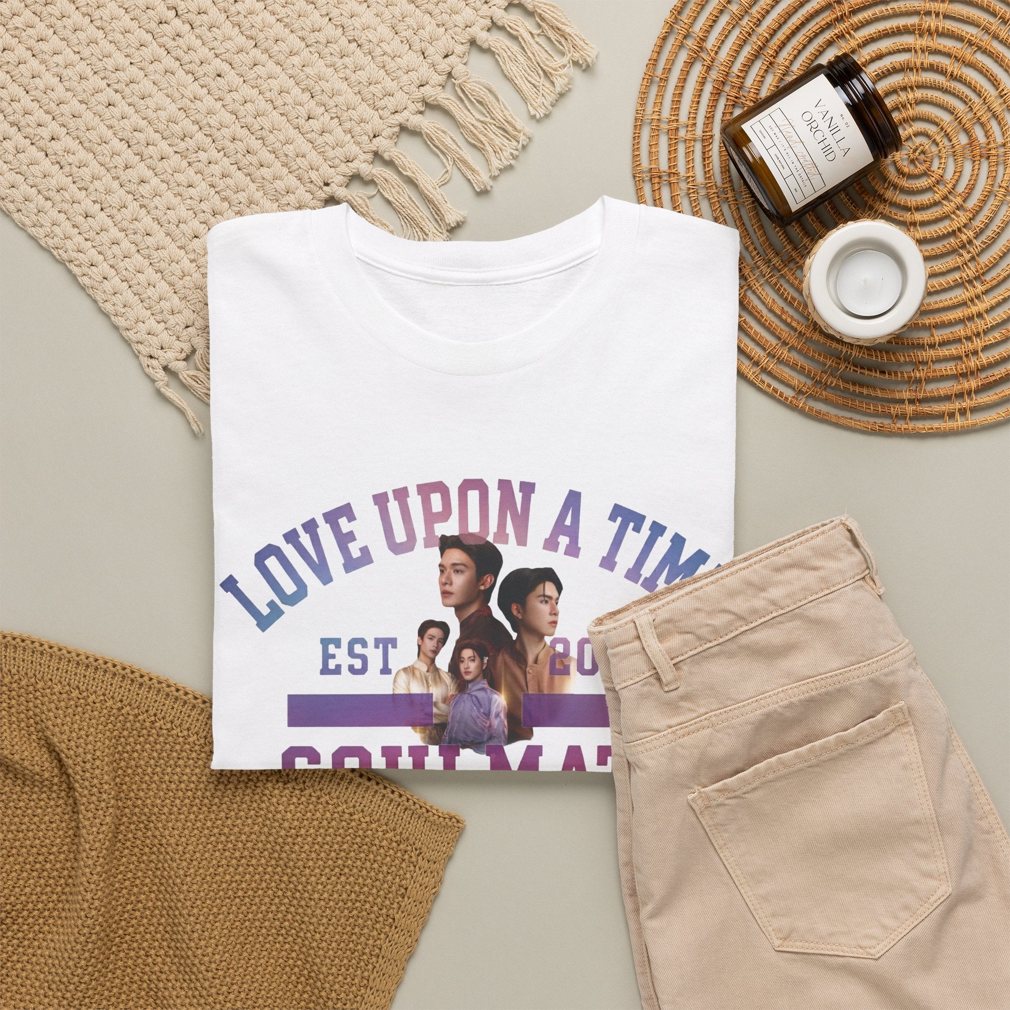 White Love Upon a Time Soulmate Program varsity t-shirt styled flat with chinos and coffee — Thai BL fan merch