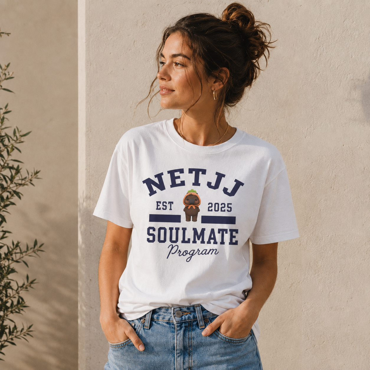 NetJJ Soulmate Program varsity t-shirt with Jookkroo mascot — Thai BL Love Upon a Time fan merch, Domundi ship tee