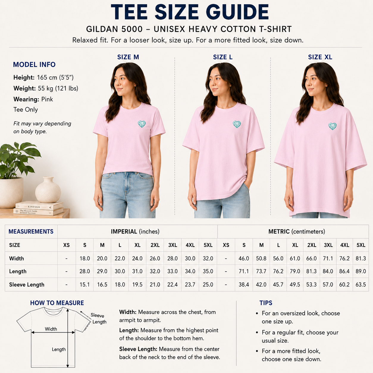 Size guide for the Duang With You unisex heavy cotton t-shirt, sizes S to 5XL