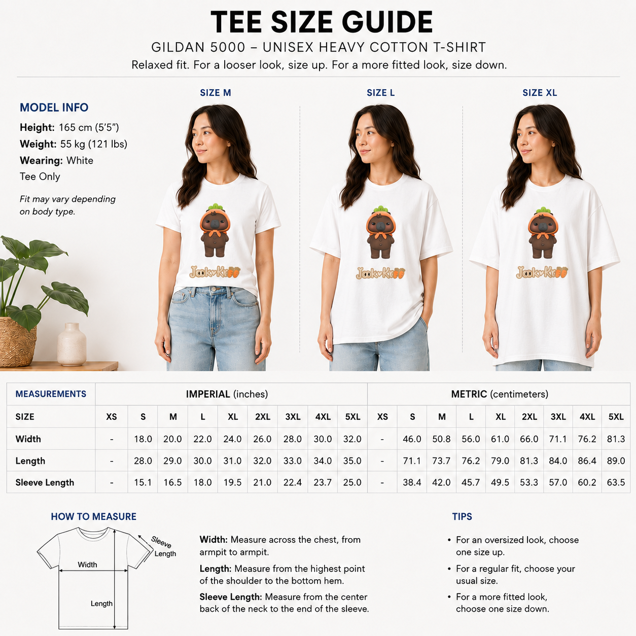 Size guide for the NetJJ JookKroo unisex heavy cotton t-shirt, sizes S to 5XL