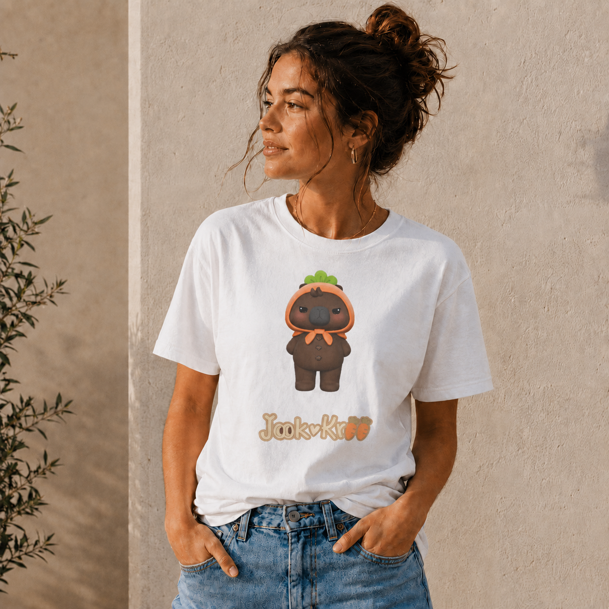 Model wearing the white NetJJ JookKroo mascot t-shirt — Love Upon a Time Thai BL fan merch