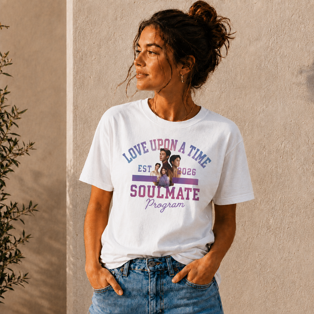 Model wearing the white Love Upon a Time Soulmate Program varsity t-shirt — NetJJ and LatteKim Thai BL fan merch