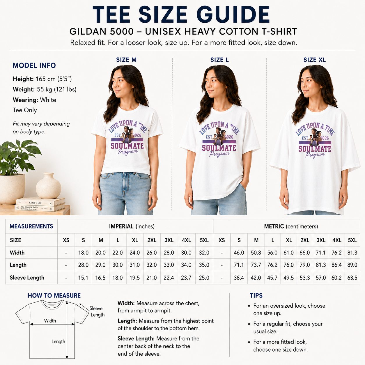 Size guide for the Love Upon a Time varsity unisex heavy cotton t-shirt, sizes S to 5XL