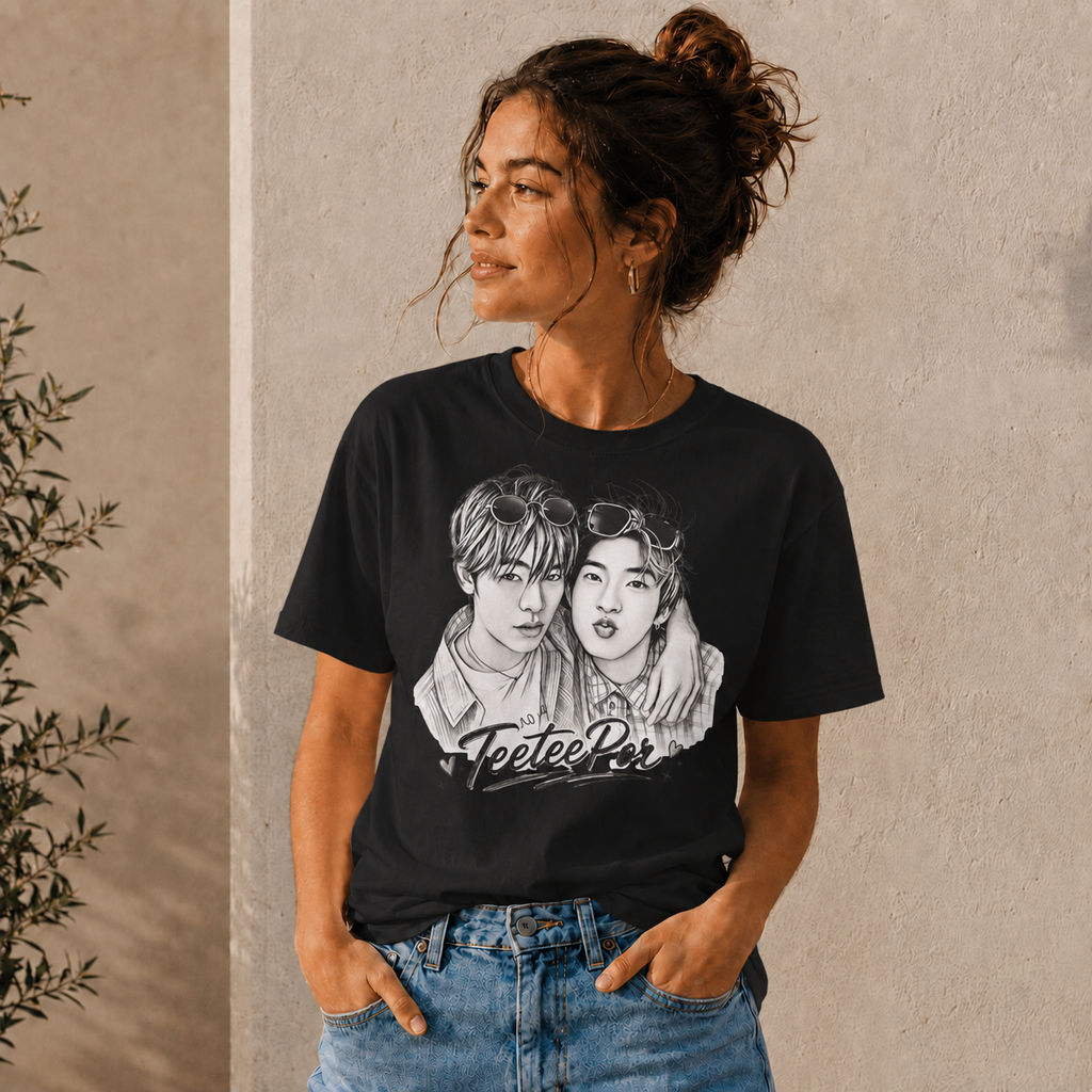Model wearing the black TeeteePor sketch t-shirt — TeeTee and Por, Duang With You Thai BL fan merch