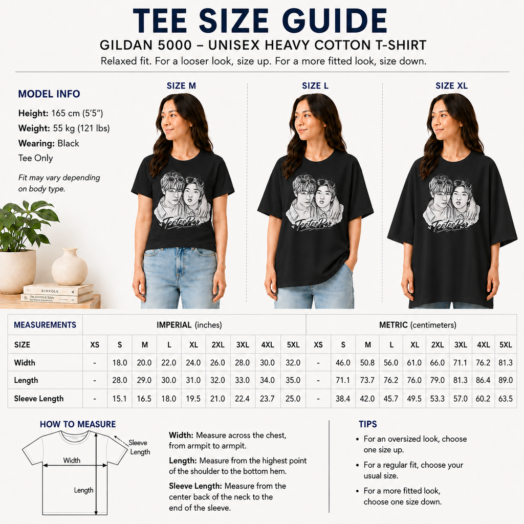 Size guide for the TeeteePor sketch unisex heavy cotton t-shirt, sizes S to 5XL