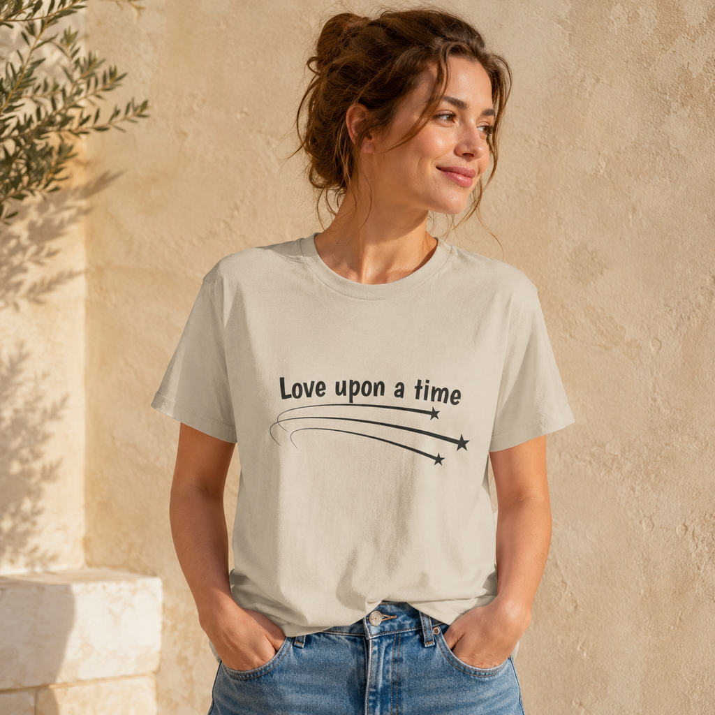 Model wearing the sand Love Upon a Time Shooting Stars t-shirt — Thai BL series fan merch