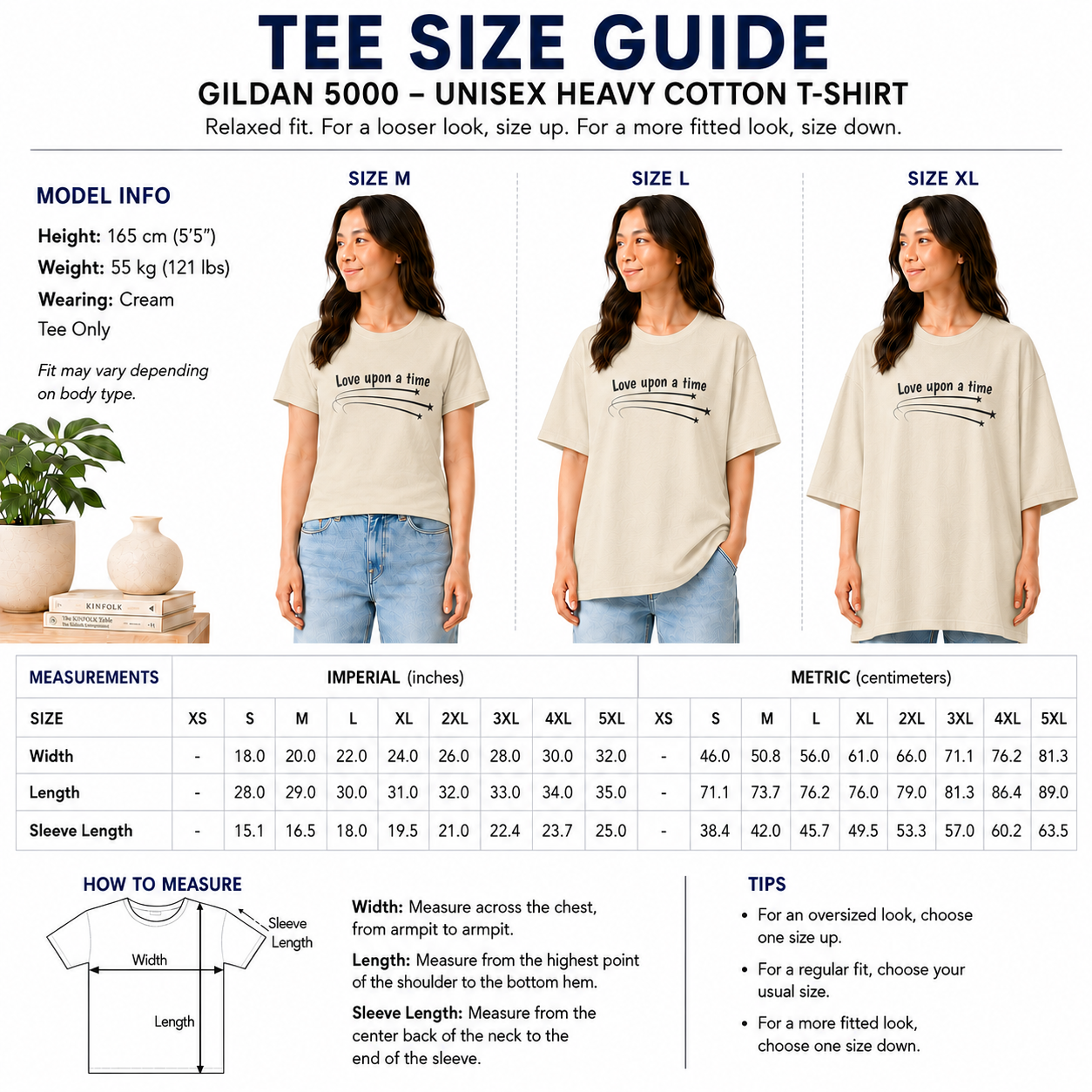 Size guide for the Love Upon a Time Shooting Stars unisex heavy cotton t-shirt, sizes S to 5XL