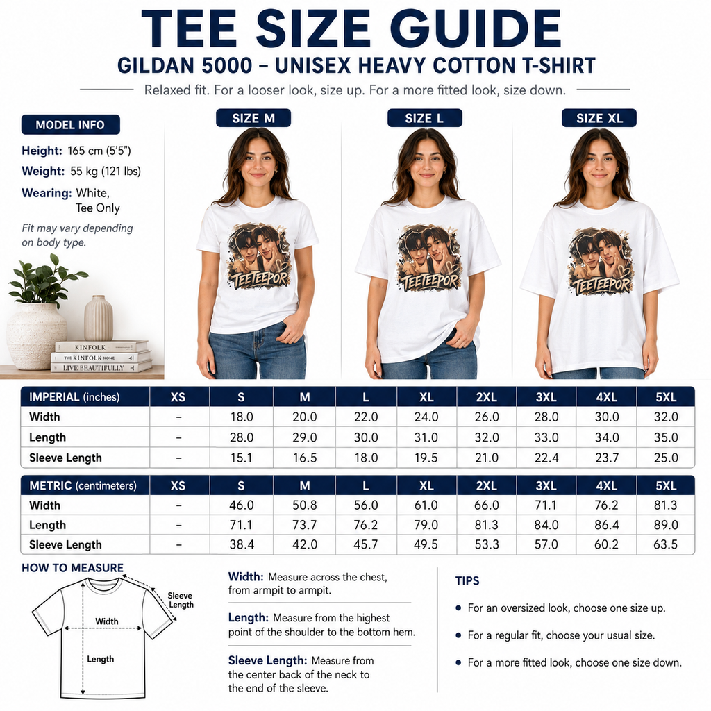 Size guide for the TeeteePor graffiti unisex heavy cotton t-shirt, sizes S to 5XL
