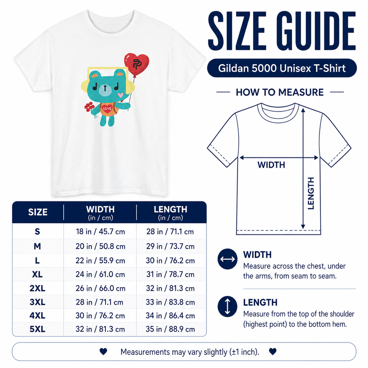 Size guide for the Gildan 5000 unisex t-shirt with width and length measurements in inches and centimetres