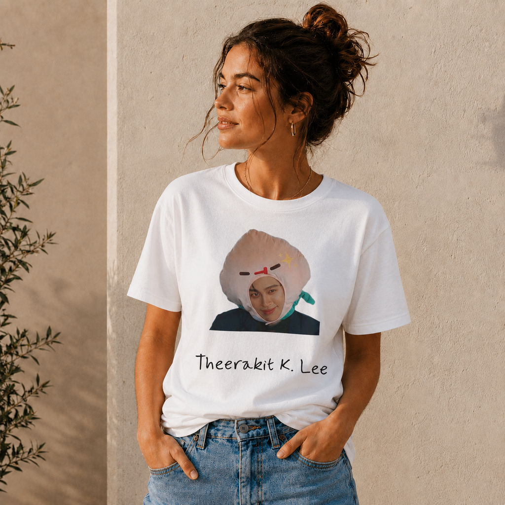 Model wearing the white 'Theerakit K. Lee' t-shirt — Pond as Thee (Me and Thee, PondPhuwin)