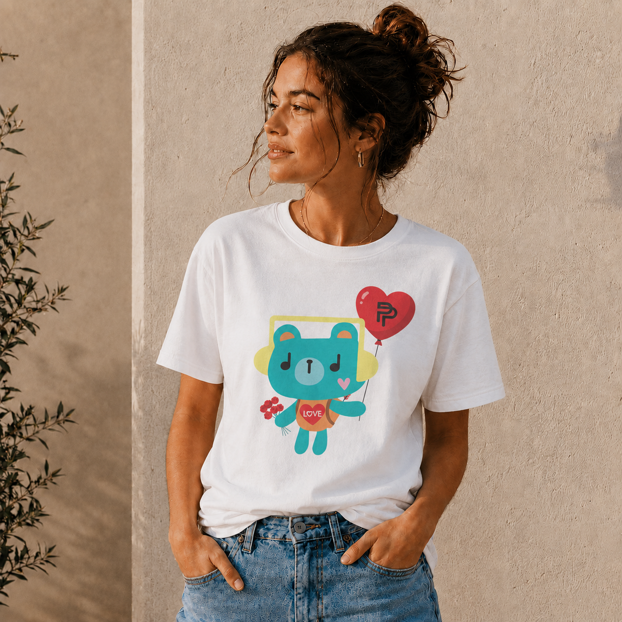 Model wearing the white PondPhuwin 'Permpoon' bear mascot t-shirt (Thai BL fan merch)
