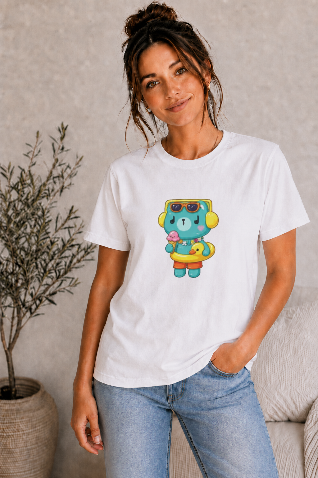 PondPhuwin Permpoon summer mascot t-shirt worn in a styled lifestyle photo – Thai BL fan merch