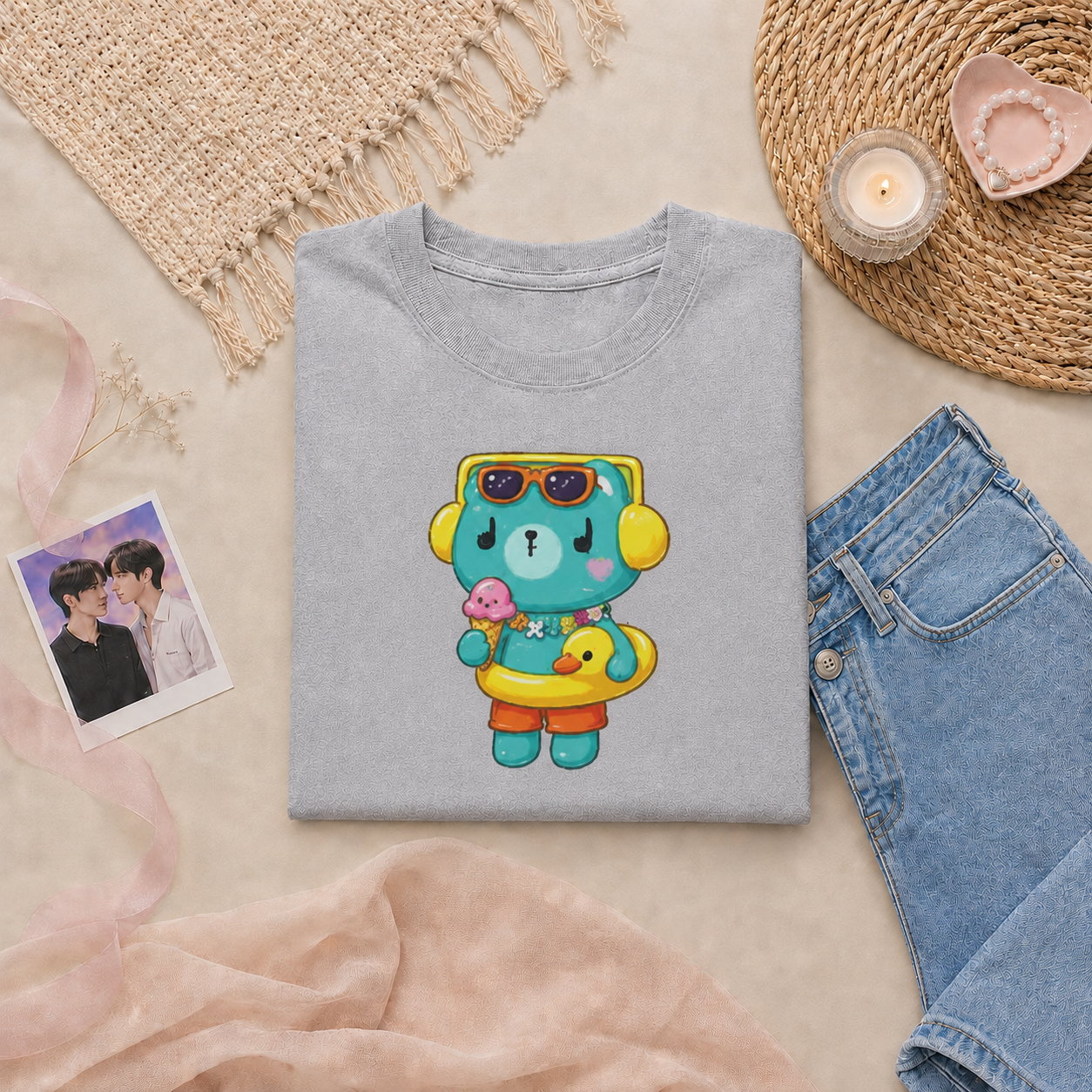 PondPhuwin Permpoon summer mascot t-shirt in a beach-themed styled photo – Thai BL fan merch