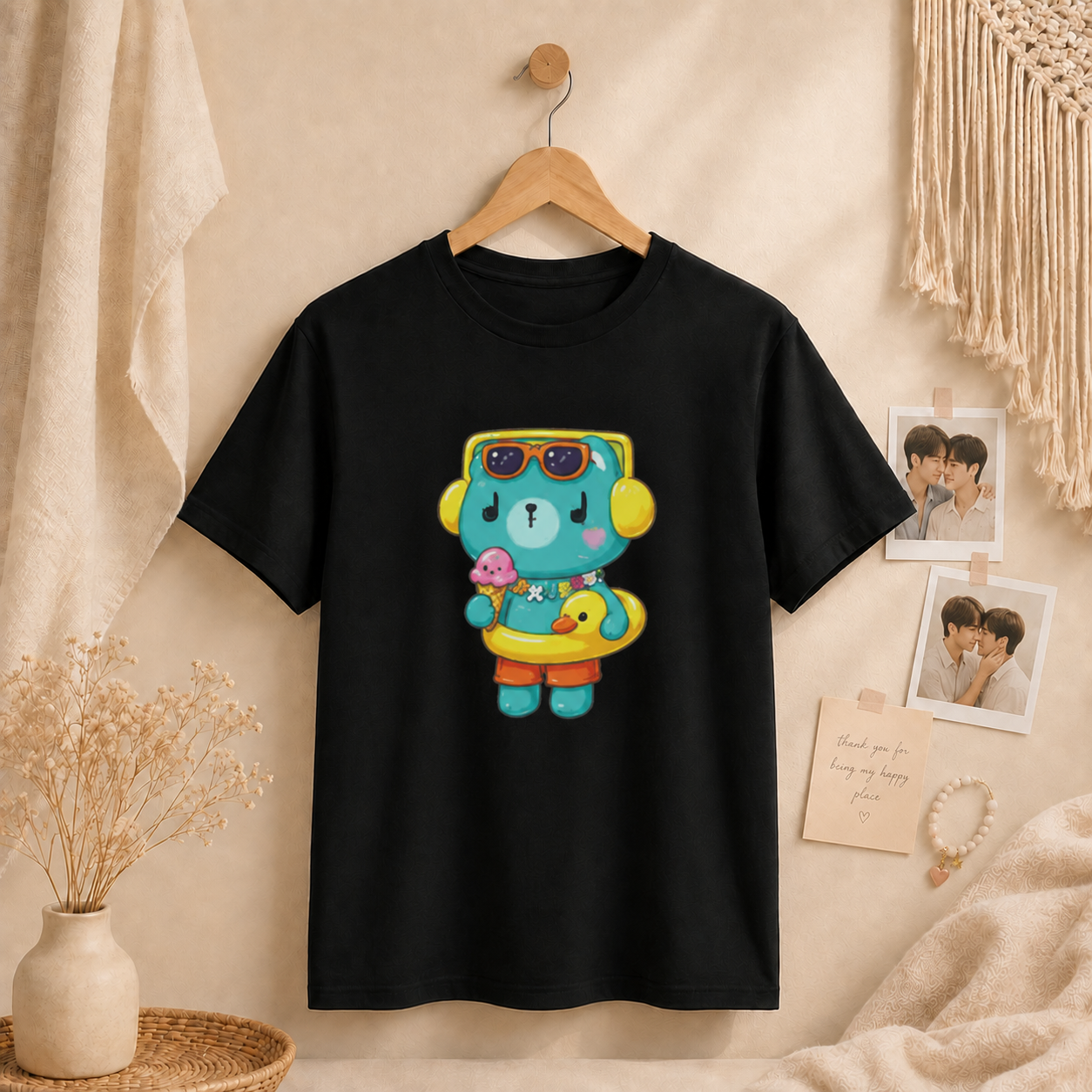 PondPhuwin Permpoon summer mascot t-shirt in a summer styled photo – Thai BL fan merch